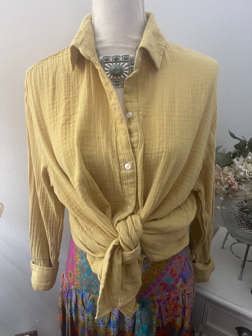 Light Mustard Button-Down Shirt with Tie-Back